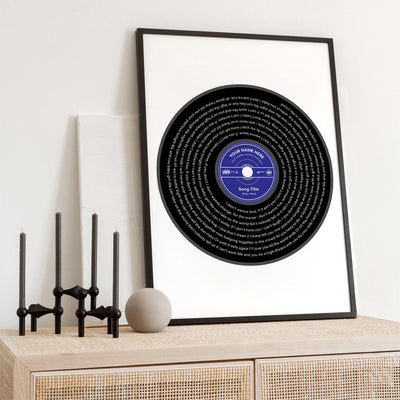 Custom Lyrics Vinyl Record Style. Favourite Song | Black + Your Colour - Art Print, Poster, Stretched Canvas or Framed Wall Art, shown framed in a room