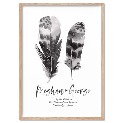 Custom Couple Feathers - Art Print, Poster, Stretched Canvas, or Framed Wall Art Print, shown in a natural timber frame