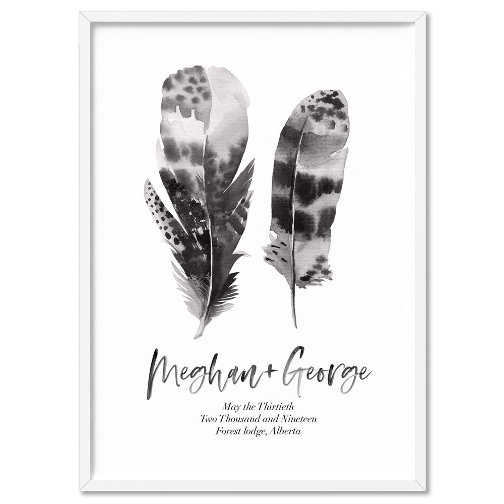 Custom Couple Feathers - Art Print, Poster, Stretched Canvas, or Framed Wall Art Print, shown in a white frame