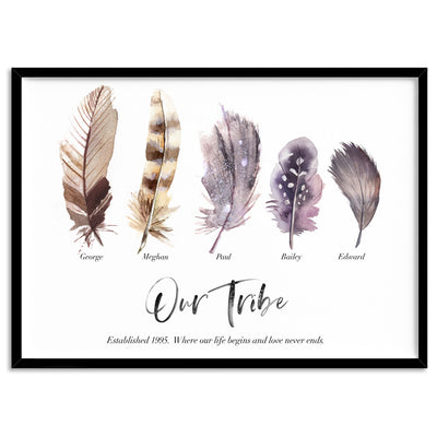 Custom Tribe / Family / Grandchildren Feathers  - Art Print, Poster, Stretched Canvas, or Framed Wall Art Print, shown in a black frame
