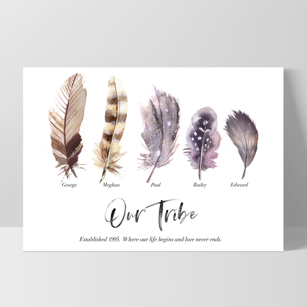 Custom Tribe / Family / Grandchildren Feathers  - Art Print, Poster, Stretched Canvas, or Framed Wall Art Print, shown as a stretched canvas or poster without a frame