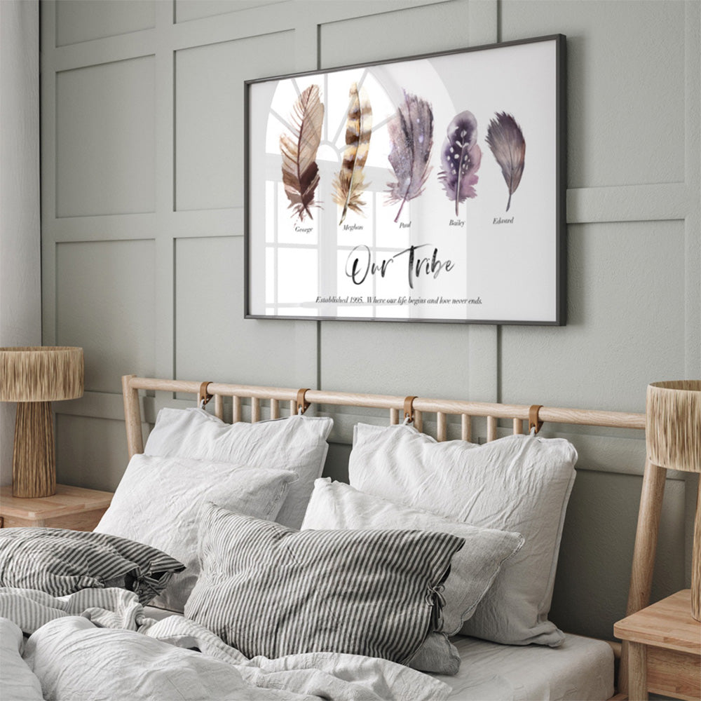 Custom Tribe / Family / Grandchildren Feathers - Art Print, Poster, Stretched Canvas or Framed Wall Art, shown framed in a room