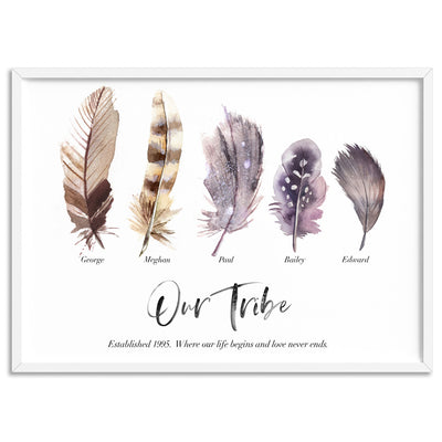 Custom Tribe / Family / Grandchildren Feathers  - Art Print, Poster, Stretched Canvas, or Framed Wall Art Print, shown in a white frame
