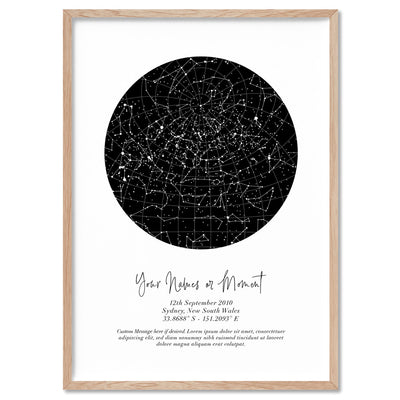 Custom Star Map | Black Circle - Art Print, Poster, Stretched Canvas or Framed Wall Art, shown framed in a home interior space