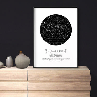 Custom Star Map | Black Circle - Art Print, Poster, Stretched Canvas or Framed Wall Art, shown framed in a room