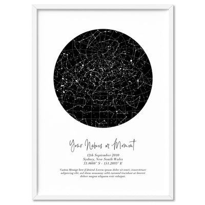 Custom Star Map | Black Circle - Art Print, Poster, Stretched Canvas, or Framed Wall Art Print, shown in a white frame