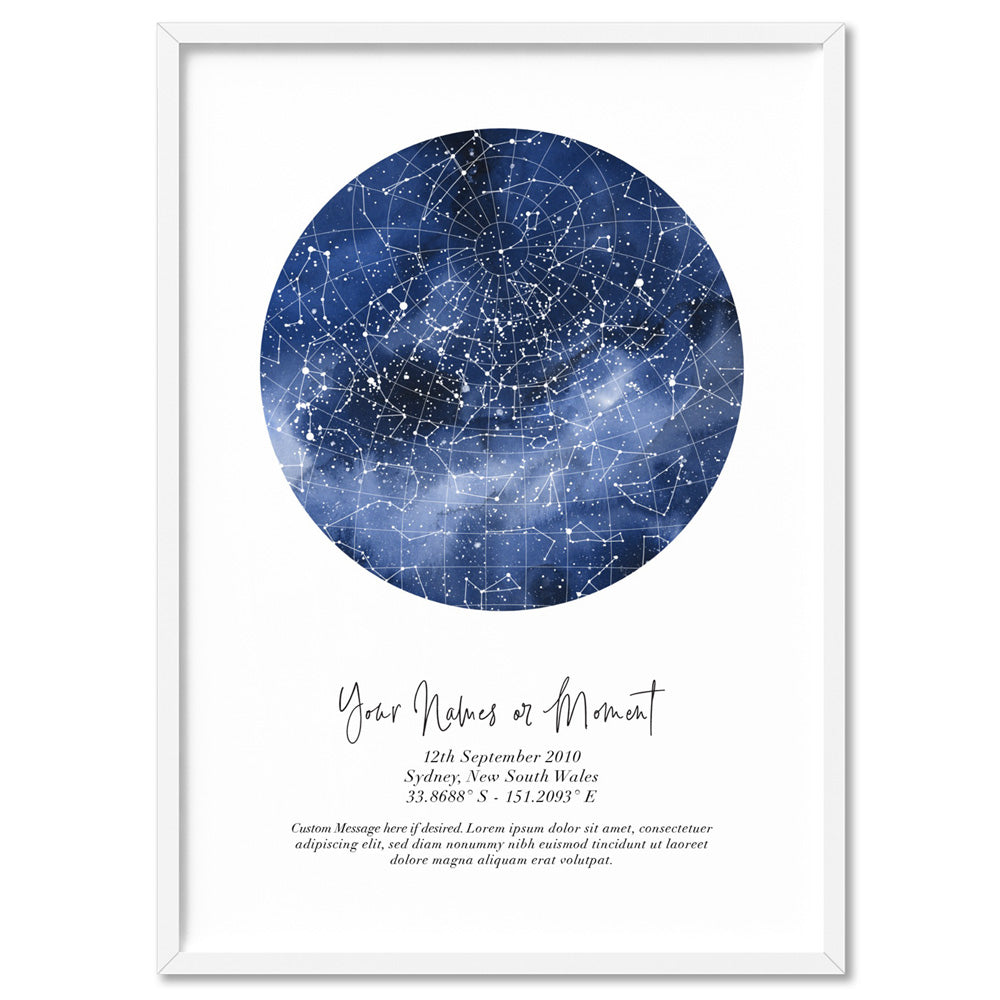Custom Star Map | Galaxy Watercolour - Art Print, Poster, Stretched Canvas, or Framed Wall Art Print, shown in a white frame
