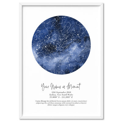Custom Star Map | Galaxy Watercolour - Art Print, Poster, Stretched Canvas, or Framed Wall Art Print, shown in a white frame