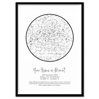 Custom Star Map | White Circle - Art Print, Poster, Stretched Canvas, or Framed Wall Art Print, shown in a natural timber frame