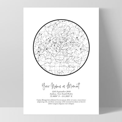 Custom Star Map | White Circle - Art Print, Poster, Stretched Canvas, or Framed Wall Art Print, shown in a black frame