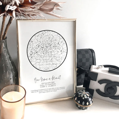 Custom Star Map | White Circle - Art Print, Poster, Stretched Canvas or Framed Wall Art, shown framed in a room
