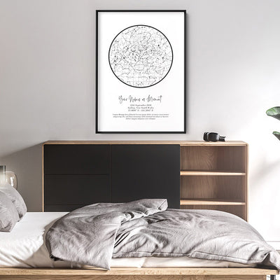 Custom Star Map | White Circle - Art Print, Poster, Stretched Canvas or Framed Wall Art, shown framed in a room