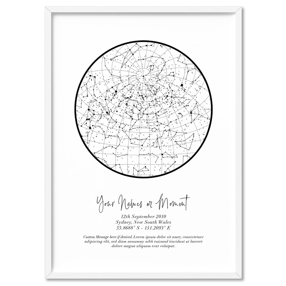 Custom Star Map | White Circle - Art Print, Poster, Stretched Canvas, or Framed Wall Art Print, shown in a white frame