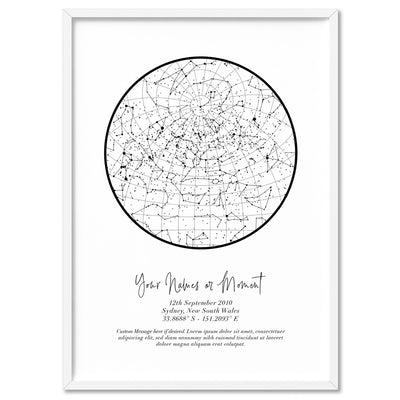 Custom Star Map | White Circle - Art Print, Poster, Stretched Canvas, or Framed Wall Art Print, shown in a white frame