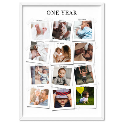 Baby's First Year in Photos - Art Print, Poster, Stretched Canvas, or Framed Wall Art Print, shown in a white frame