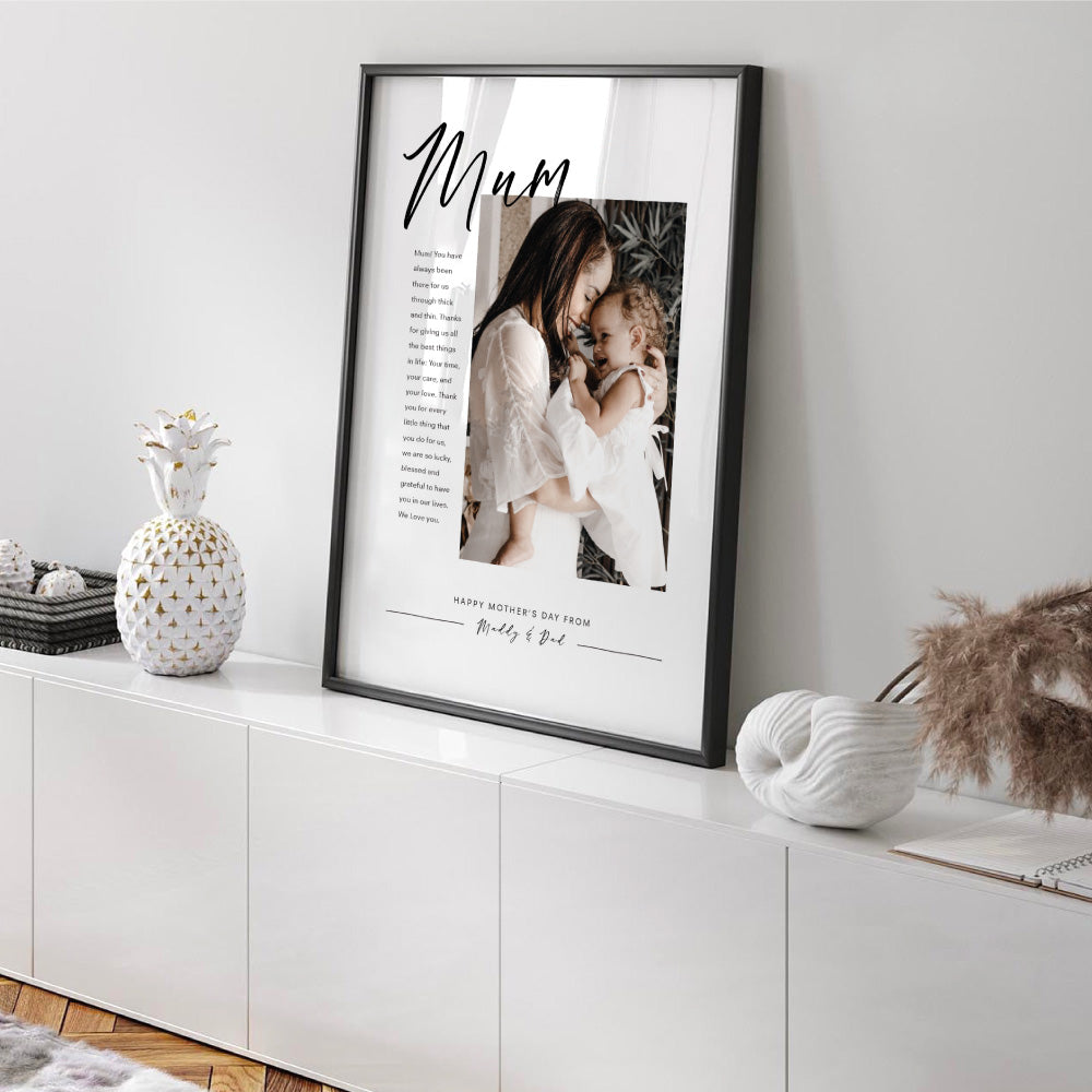 Custom Best Mum Ever in Portrait - Art Print, Poster, Stretched Canvas or Framed Wall Art, shown framed in a room in a black frame