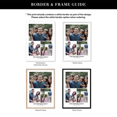 Custom Family Photos | Trio Collage - Art Print, Poster, Stretched Canvas or Framed Wall Art, Showing White , Black, Natural Frame Colours, No Frame (Unframed) or Stretched Canvas, and With or Without White Borders