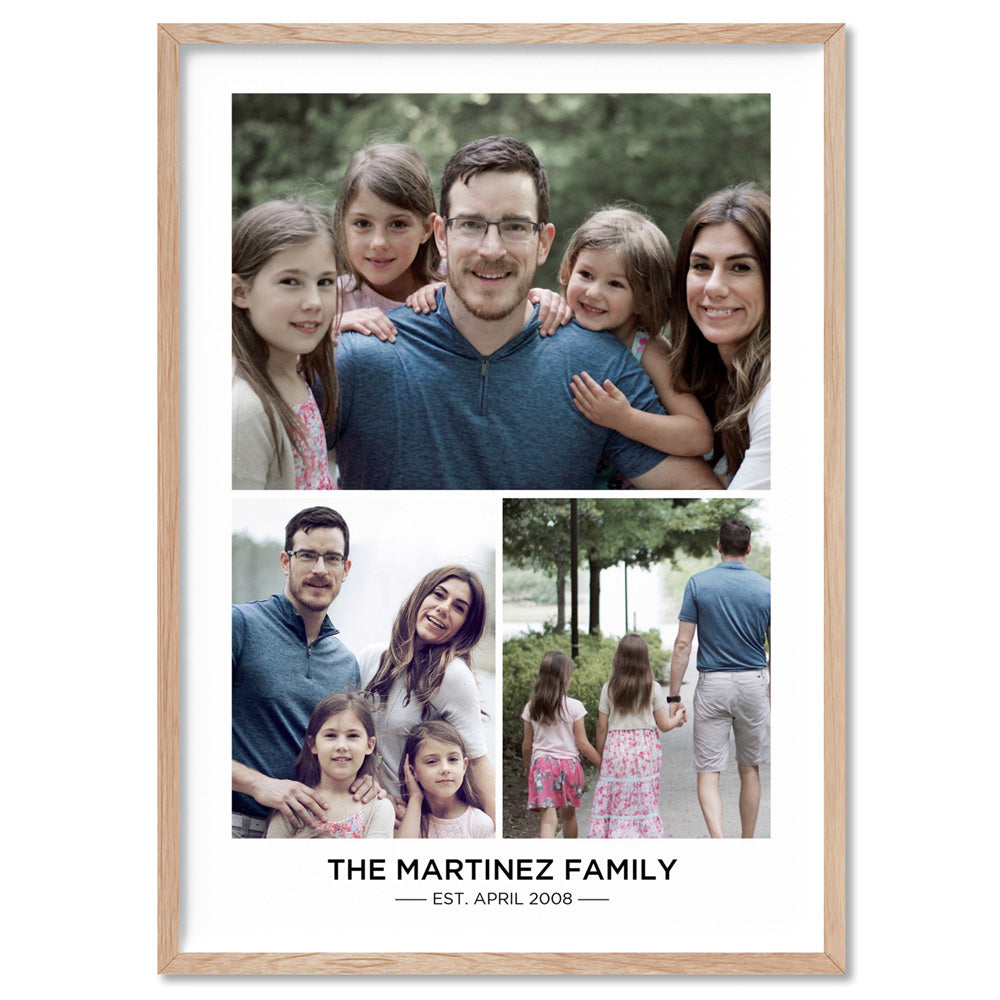 Custom Family Photos | Trio Collage - Art Print, Poster, Stretched Canvas, or Framed Wall Art Print, shown in a natural timber frame
