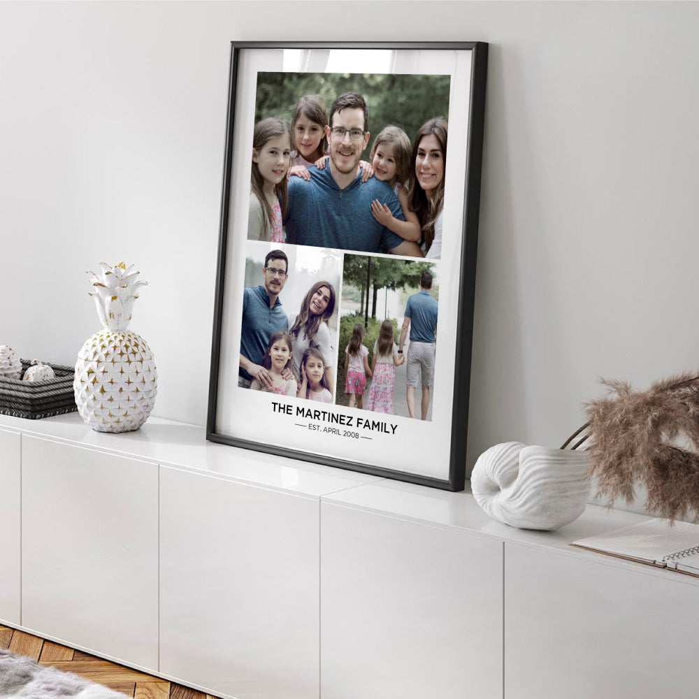 Custom Family Photos | Trio Collage - Art Print, Poster, Stretched Canvas or Framed Wall Art, shown framed in a home interior space