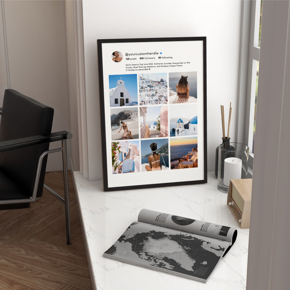 Custom Photos | Instagram Style Collage Grid - Art Print, Poster, Stretched Canvas, or Framed Wall Art Print, shown in a black frame in a room