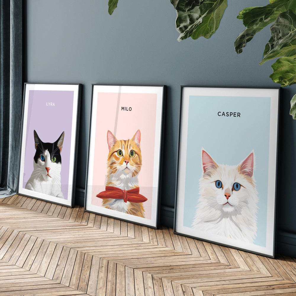 Custom Cat Portrait | Illustration - Art Print, Poster, Stretched Canvas or Framed Wall Art, shown framed in a home interior space
