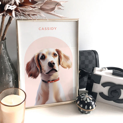 Custom Dog Portrait | Arch Illustration - Art Print, Poster, Stretched Canvas or Framed Wall Art Prints, shown framed in a room