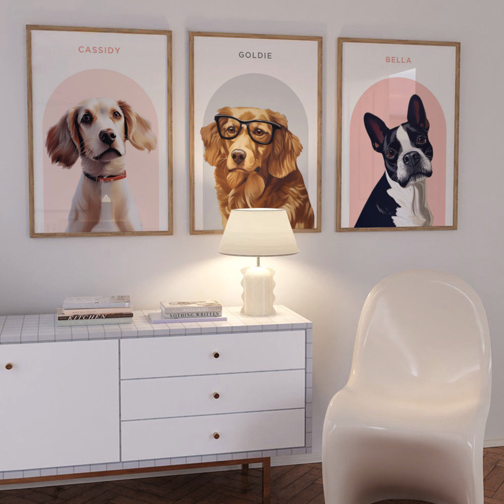 Custom Dog Portrait | Arch Illustration - Art Print, Poster, Stretched Canvas or Framed Wall Art, shown framed in a home interior space