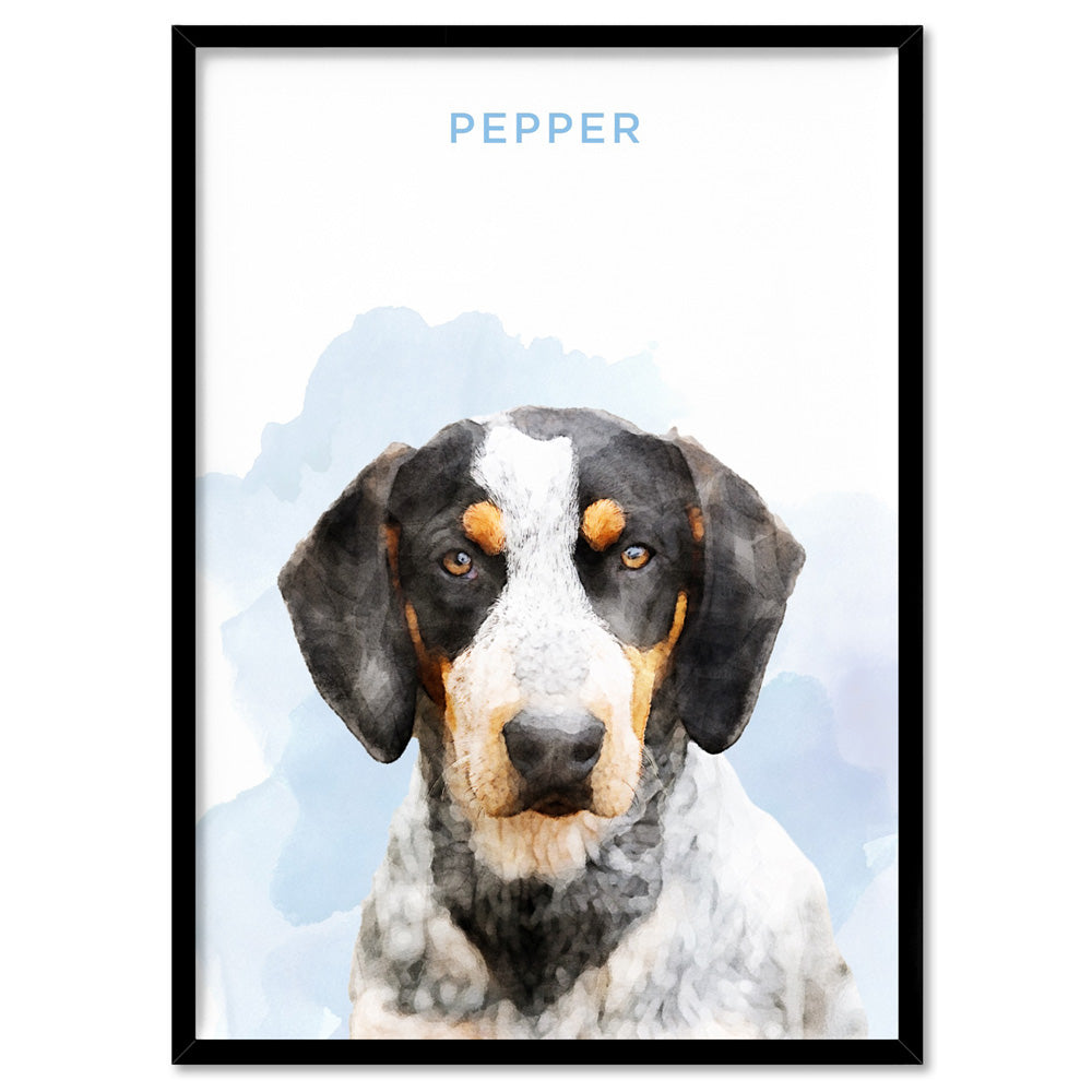Custom Dog Portrait | Watercolour - Art Print, Poster, Stretched Canvas, or Framed Wall Art Print, shown in a black frame