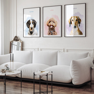 Custom Dog Portrait | Watercolour - Art Print, Poster, Stretched Canvas or Framed Wall Art, shown framed in a home interior space