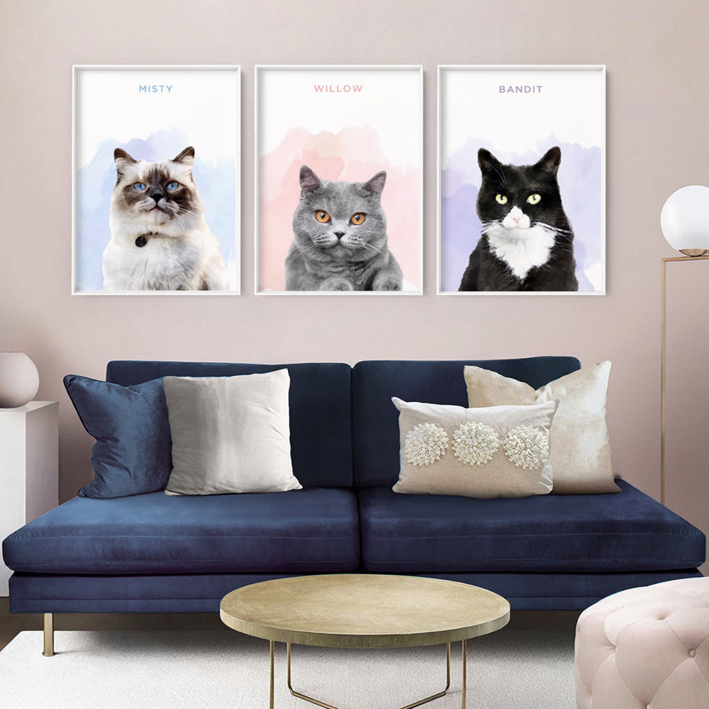 Custom Cat Portrait | Arch Illustration - Art Print, Poster, Stretched Canvas or Framed Wall Art, shown framed in a home interior space