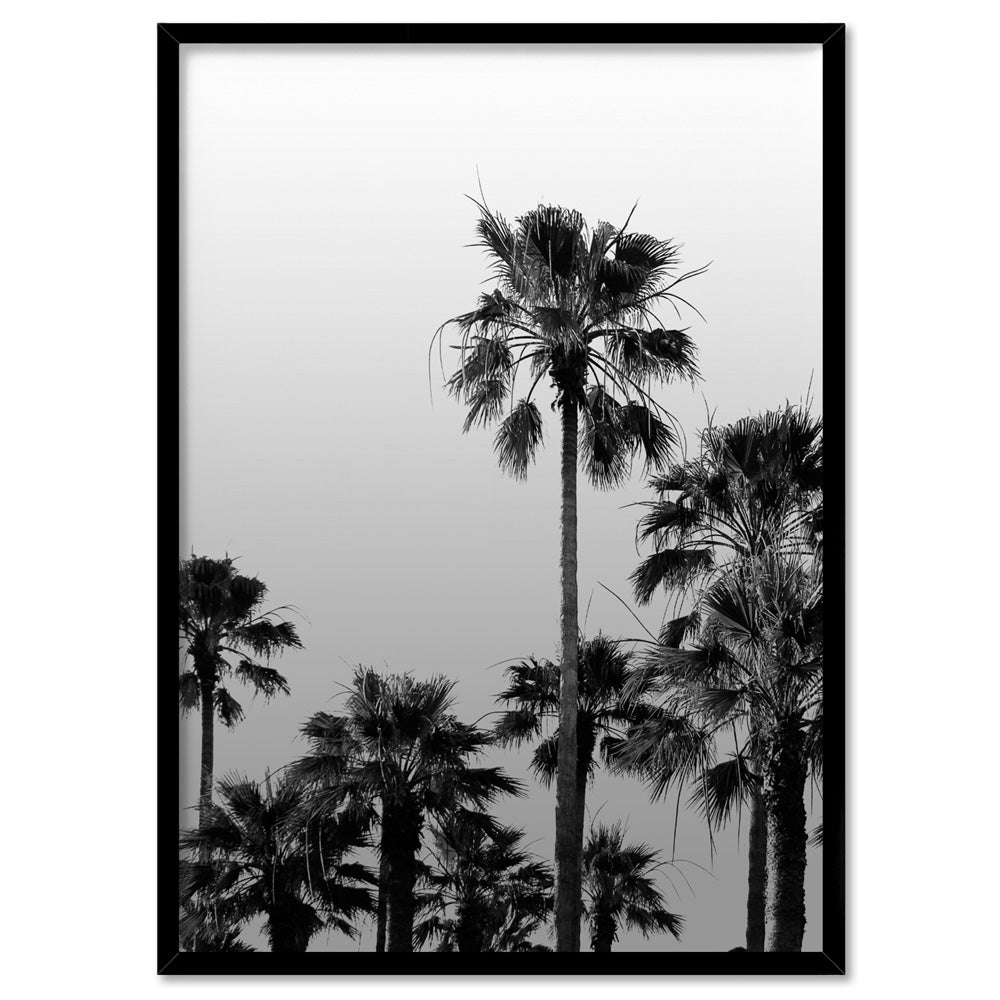 California Tropical Palms Black & White - Art Print, Poster, Stretched Canvas, or Framed Wall Art Print, shown in a black frame