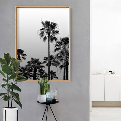 California Tropical Palms Black & White - Art Print, Poster, Stretched Canvas or Framed Wall Art, shown framed in a room
