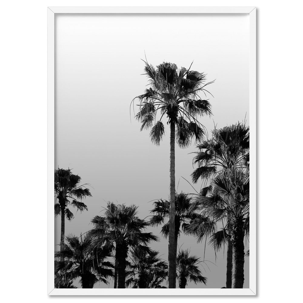 California Tropical Palms Black & White - Art Print, Poster, Stretched Canvas, or Framed Wall Art Print, shown in a white frame