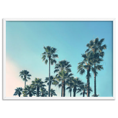 California Tropical Palms Landscape - Art Print, Poster, Stretched Canvas, or Framed Wall Art Print, shown in a white frame