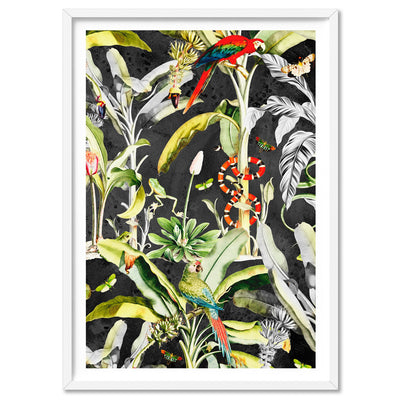 Rainforest Tropics Illustration - Art Print, Poster, Stretched Canvas, or Framed Wall Art Print, shown in a white frame