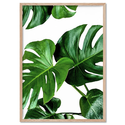 Monstera Leaves - Art Print, Poster, Stretched Canvas, or Framed Wall Art Print, shown in a natural timber frame