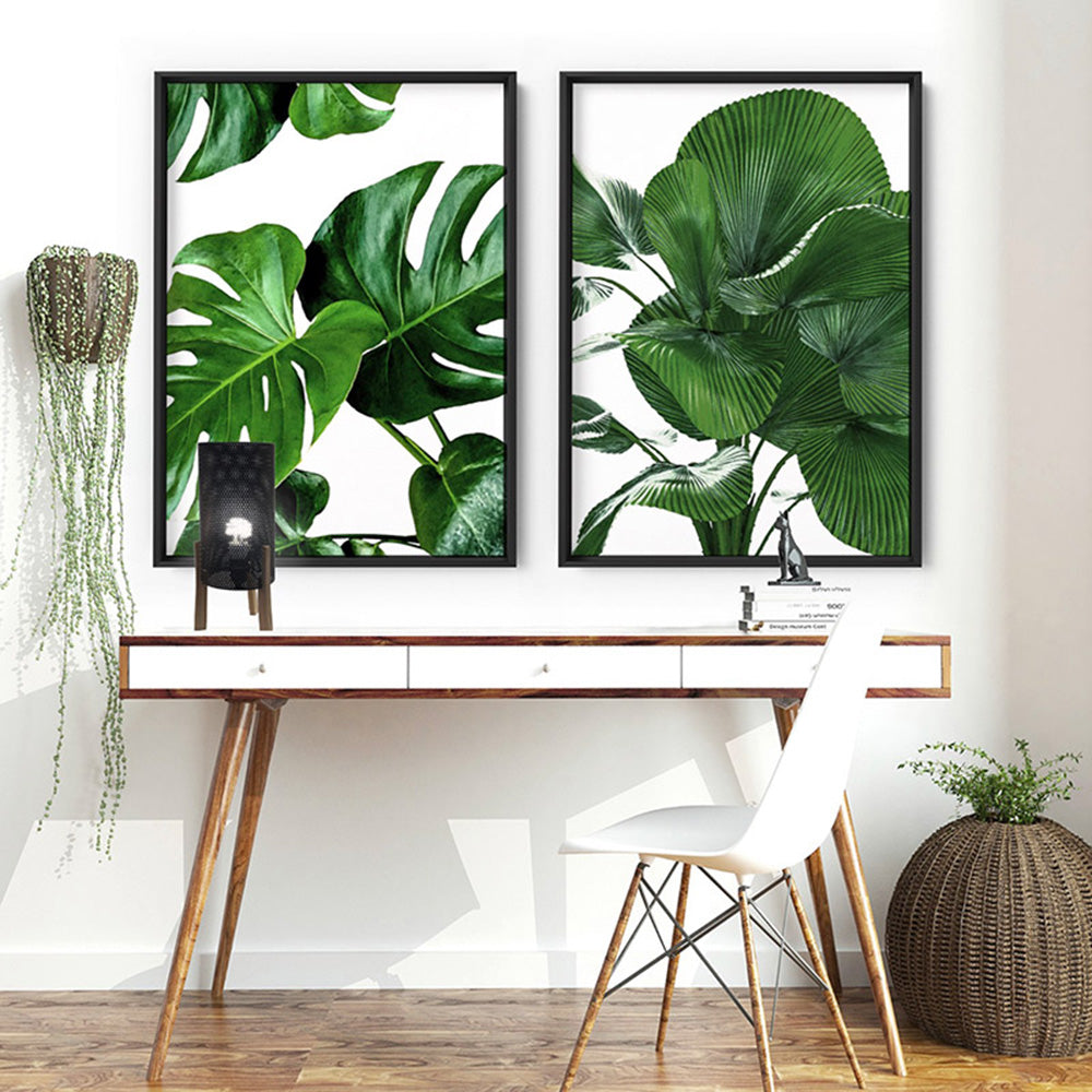 Monstera Leaves - Art Print, Poster, Stretched Canvas or Framed Wall Art, shown framed in a home interior space