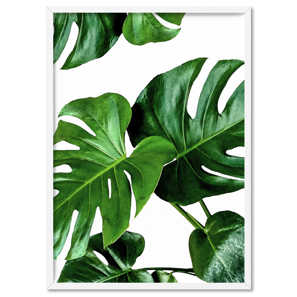 Monstera Leaves - Art Print, Poster, Stretched Canvas, or Framed Wall Art Print, shown in a white frame