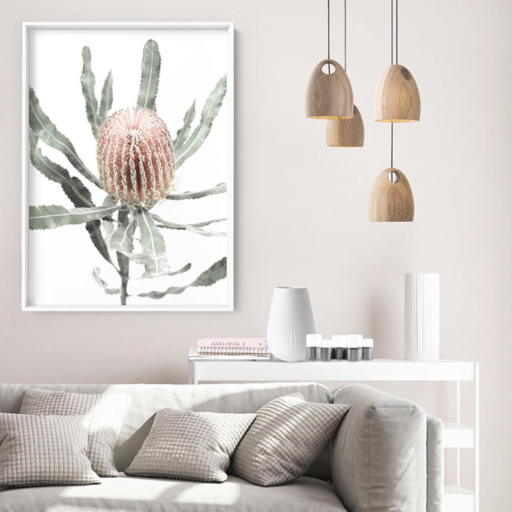 Banksia Pastels I - Art Print, Poster, Stretched Canvas or Framed Wall Art, shown framed in a room