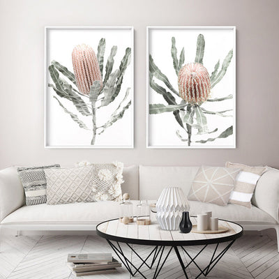 Banksia Pastels I - Art Print, Poster, Stretched Canvas or Framed Wall Art, shown framed in a home interior space