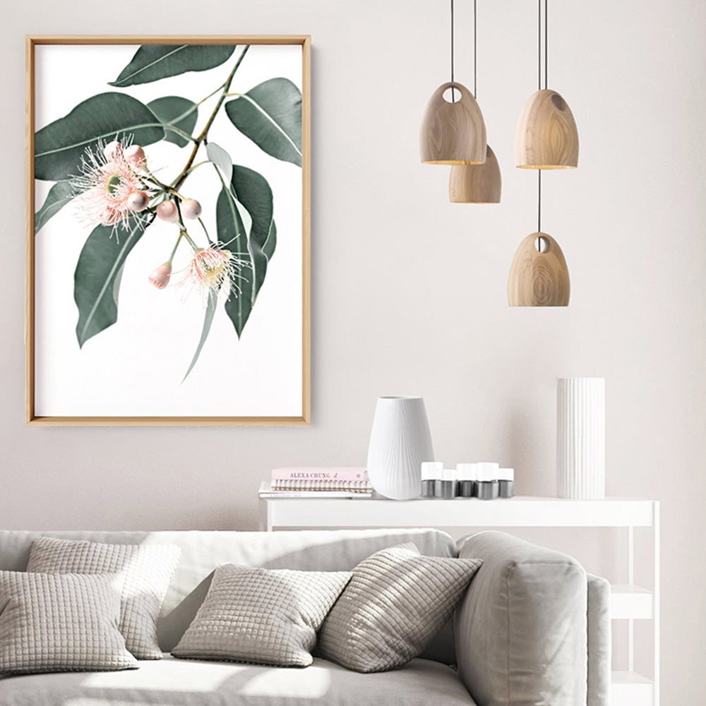 Flowering Eucalyptus in Blush - Art Print, Poster, Stretched Canvas or Framed Wall Art, shown framed in a room