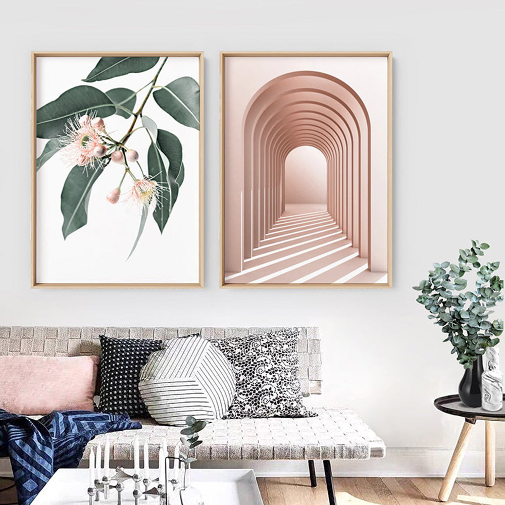 Flowering Eucalyptus in Blush - Art Print, Poster, Stretched Canvas or Framed Wall Art, shown framed in a home interior space