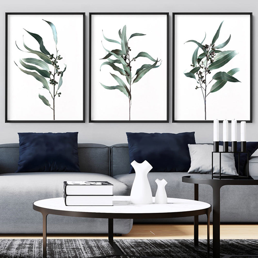 Dried Eucalyptus Leaves I - Art Print, Poster, Stretched Canvas or Framed Wall Art, shown framed in a home interior space