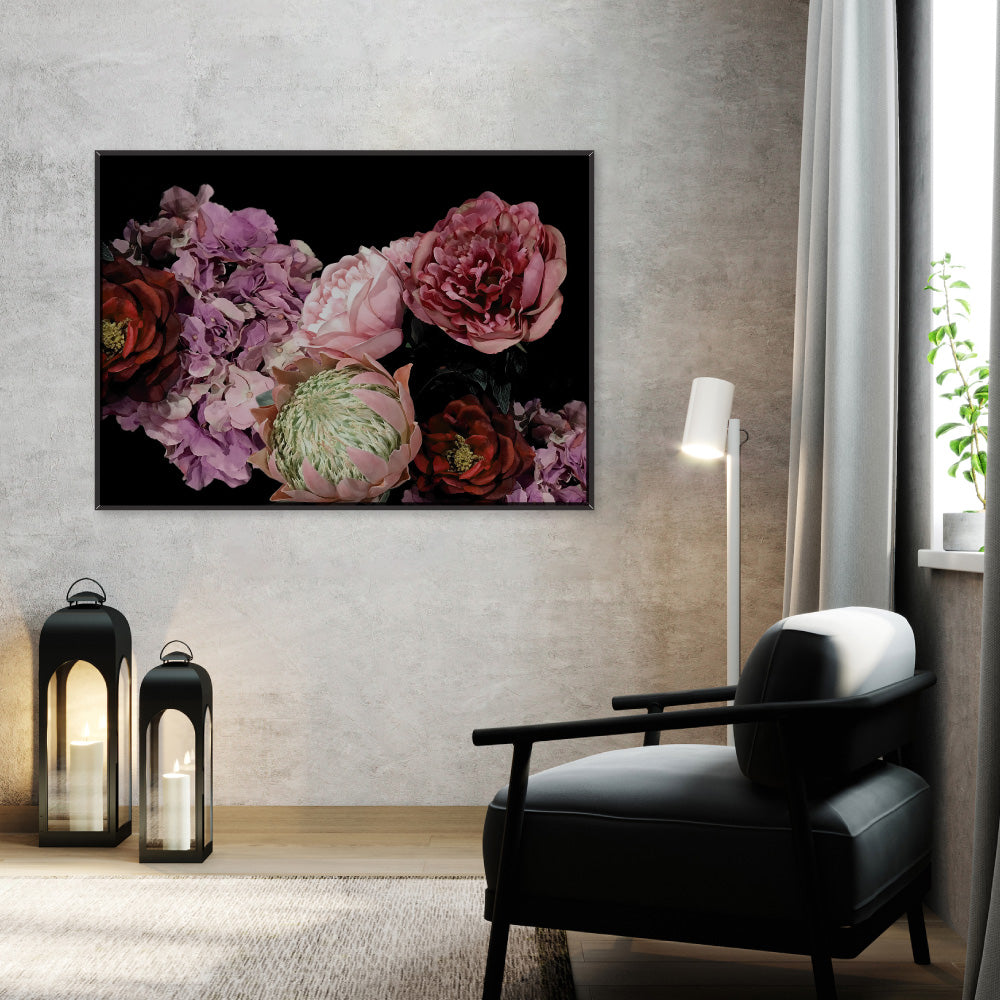 Dark Floral Landscape - Art Print, Poster, Stretched Canvas or Framed Wall Art, shown framed in a room