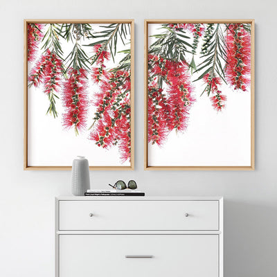 Bottle Brush Flowers I - Art Print, Poster, Stretched Canvas or Framed Wall Art, shown framed in a home interior space