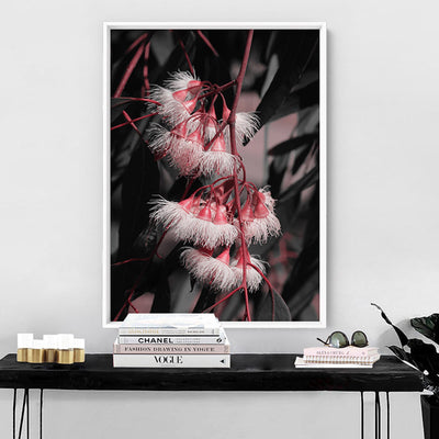 Blushing Eucalyptus Flowers on Dark - Art Print, Poster, Stretched Canvas or Framed Wall Art, shown framed in a room