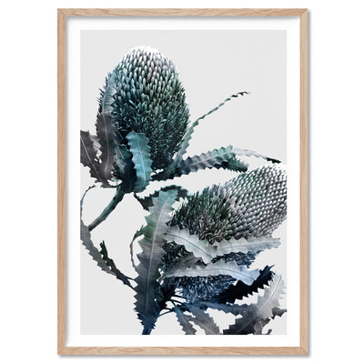 Banksia Blues Abstract I - Art Print, Poster, Stretched Canvas, or Framed Wall Art Print, shown in a natural timber frame