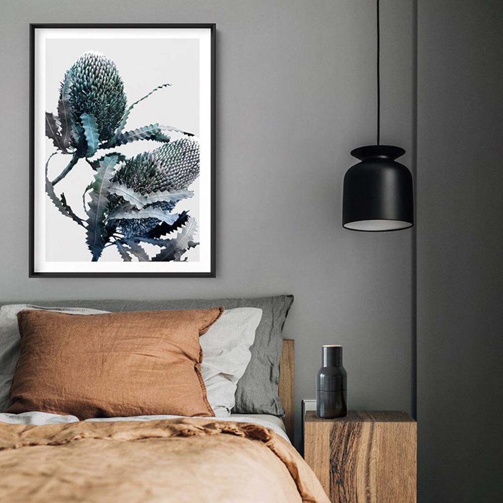 Banksia Blues Abstract I - Art Print, Poster, Stretched Canvas or Framed Wall Art, shown framed in a room