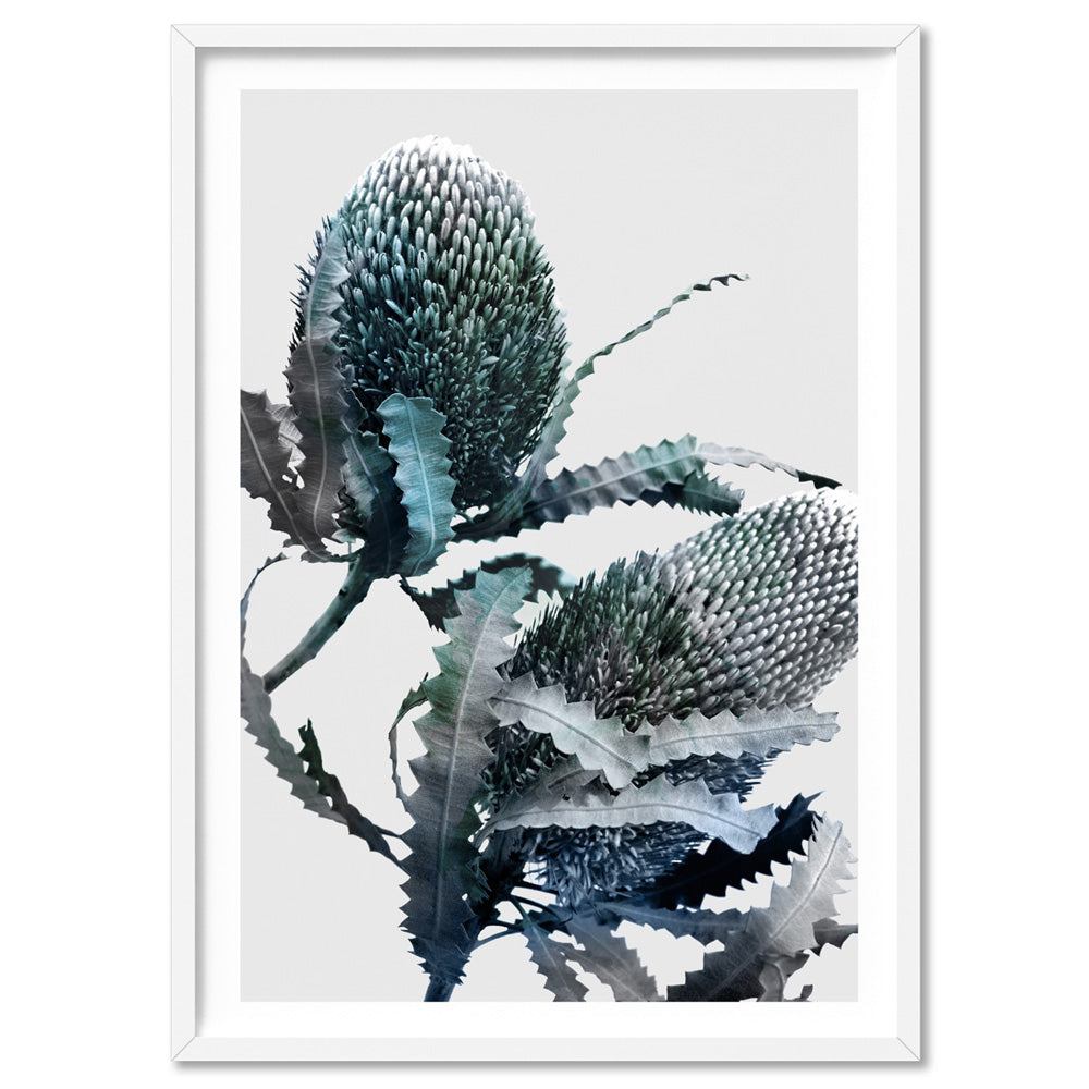 Banksia Blues Abstract I - Art Print, Poster, Stretched Canvas, or Framed Wall Art Print, shown in a white frame