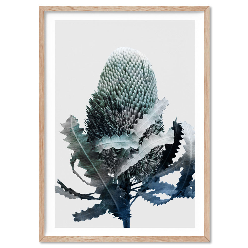 Banksia Blues Abstract II - Art Print, Poster, Stretched Canvas, or Framed Wall Art Print, shown in a natural timber frame